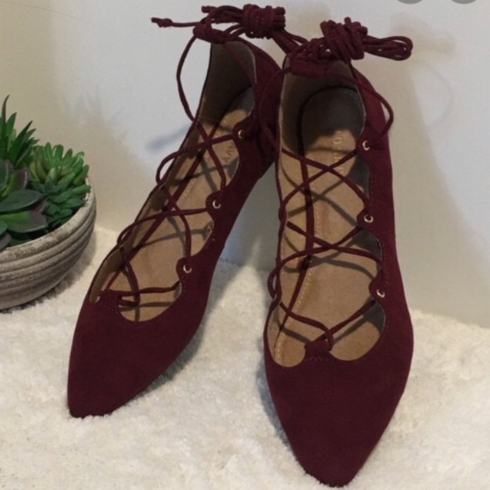 Burgundy suede lace up flats